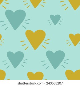 Funny cute romantic hearts vector seamless pattern on light blue background. Set of isolated elements. Chess grid order pattern.