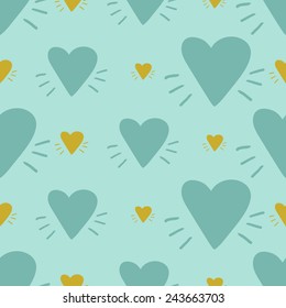 Funny cute romantic hearts vector seamless pattern on light blue background. Set of isolated elements. Chess grid order pattern.