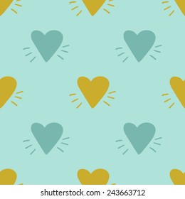 Funny cute romantic hearts vector seamless pattern on light blue background. Set of isolated elements. Chess grid order pattern.