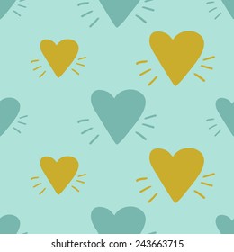 Funny cute romantic hearts vector seamless pattern on light blue background. Set of isolated elements. Chess grid order pattern.