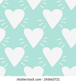 Funny cute romantic hearts vector seamless pattern on light blue background. Set of isolated elements. Chess grid order pattern.
