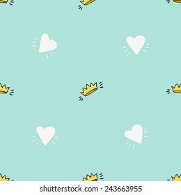 Funny cute romantic hearts vector seamless pattern on light blue background. Set of isolated elements. Chess grid order pattern.