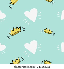 Funny cute romantic hearts vector seamless pattern on light blue background. Set of isolated elements. Chess grid order pattern.
