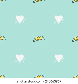 Funny cute romantic hearts vector seamless pattern on light blue background. Set of isolated elements. Chess grid order pattern.