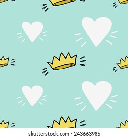 Funny cute romantic hearts vector seamless pattern on light blue background. Set of isolated elements. Chess grid order pattern.