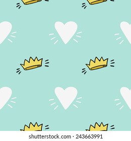 Funny cute romantic hearts vector seamless pattern on light blue background. Set of isolated elements. Chess grid order pattern.