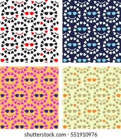 Funny cute romantic set of 4 seamless patterns with sunglasses and hearts, hipster style, eps10