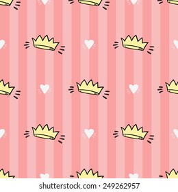 Funny cute romantic valentine day pattern. Crown, white, yellow hearts vector seamless pattern on striped pink background for paper and textile. Set of isolated elements. Chess grid order pattern.