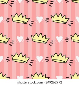 Funny cute romantic valentine day pattern. Crown, white, yellow hearts vector seamless pattern on striped pink background for paper and textile. Set of isolated elements. Chess grid order pattern.