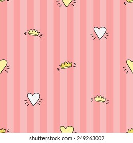 Funny cute romantic valentine day pattern. Crown, white, yellow hearts vector seamless pattern on striped pink background for paper and textile. Set of isolated elements. Chess grid order pattern.