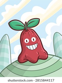 Funny and cute rose apple cartoon character smiling happily with cloudy blue sky background.