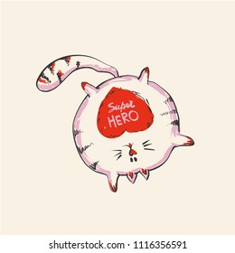 Funny cute round cat with word SUPER HERO staying on one hand , fashion print or web vector design