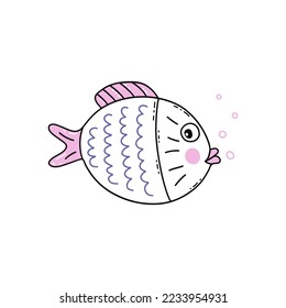 Funny cute round fish pink and purple color. Undersea world. Vector isolated illustration hand drawn doodle contour