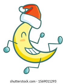 Funny and cute running crescent moon wearing Santa's hat for christmas