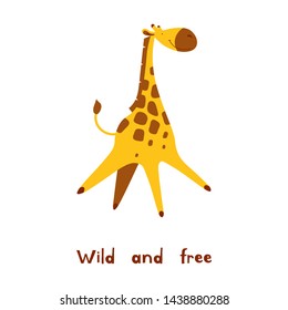 Funny and cute running giraffe. Cartoon vector illustration for a baby shower poster. Flat clipart with text.