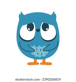 Funny cute sad owl, shy bird. Vector icon, sticker