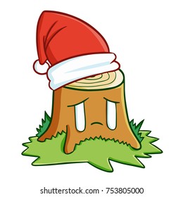 Funny and cute sad tree wearing Santa's hat - vector.