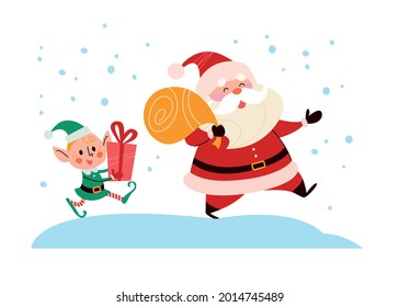 Funny cute Santa Claus character with bag full of presents and elf with gift box walk isolated. Vector flat cartoon illustration. For Christmas cards, banners, stickers, tags, patterns etc.