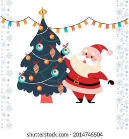 Funny cute Santa Claus character decorate Christmas fir tree isolated. Vector flat cartoon illustration. For Christmas cards, banners, stickers, tags, package etc.