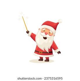 Funny cute Santa Claus character with magic wand isolated on white background. Christmas holiday vector illustration in flat cartoon style