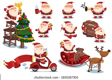 Funny and cute Santa Claus and Christmas elements vector cartoon characters set isolated on a white background.