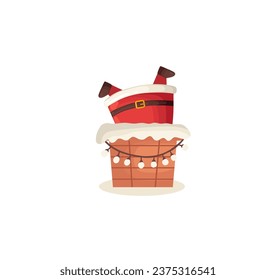 Las piernas graciosas y lindas de Santa Claus atascadas en el personaje de la chimenea aisladas en fondo blanco. Ilustración vectorial navideña en estilo de caricatura plana