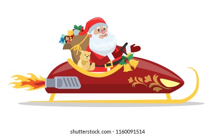 Funny cute Santa Claus riding in the sleighs with a bag full of gifts. Mery Christmas and a Happy New Year greeting. Isolated vector illustration in cartoon style