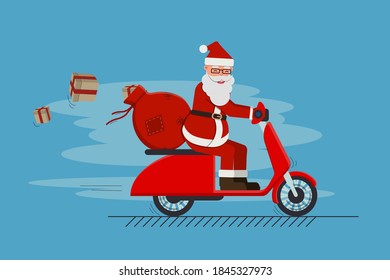 Funny cute Santa Claus riding on scooter with bag full of gifts. Merry Christmas and a Happy New Year greeting.