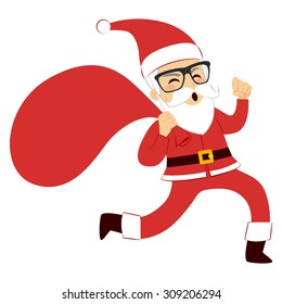 Funny cute Santa Claus running with red sack full of presents