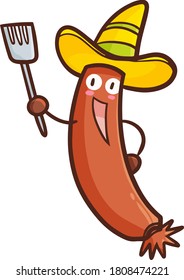 Funny and cute sausage character ready to cook wearing mexico's culture hat