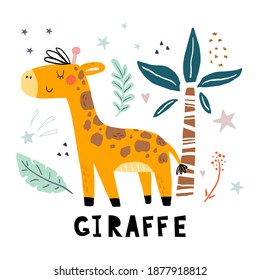 Funny cute scandinavian giraffe cartoon style. Vector print with giraffe. Printable templates. vector print. Perfect for kids apparel, poster, baby shower card. Vector illustration