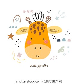 Funny cute scandinavian giraffe cartoon style. Vector print with giraffe. Printable templates. vector print. Perfect for kids apparel, poster, baby shower card. Vector illustration