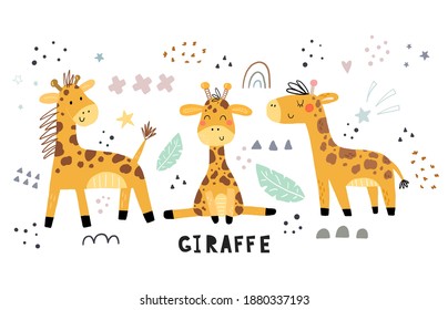 Funny cute scandinavian giraffe cartoon style. Vector print with giraffe. Printable templates. vector print. Perfect for kids apparel, poster, baby shower card. Vector illustration