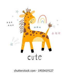 Funny cute scandinavian giraffe cartoon style. Vector print with giraffe. Printable templates. vector print. Perfect for kids apparel, poster, baby shower card. Vector illustration