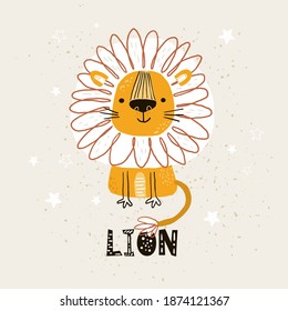 Funny cute scandinavian lion cartoon style. Vector print with lion. Printable templates. vector print. Perfect for kids apparel, poster, baby shower card. Vector illustration