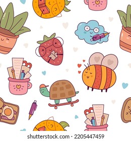 funny cute school pattern with fruits and animals vector illustration