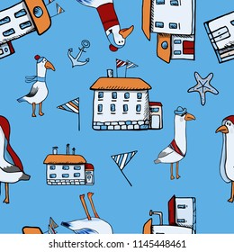 Funny cute Seagull cartoon illustration of funny Seagull beach bird character, smiling and neutral emotion. Coast, sea. The design concept for children. Notebooks, labels, diary, accessories-school.