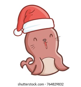 Funny and cute seagull wearing Santa's hat for Christmas and smiling - vector.