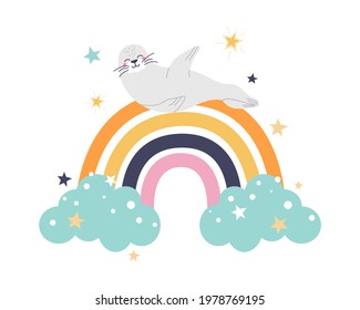A funny cute seal lies on a colorful rainbow with clouds and stars on a white background. Vector flat cartoon illustration. Decor for children's posters, postcards, clothing and interior