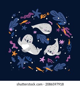 Funny and cute seals swim in the sea. Around them are fish, starfish, corals and algae.The seals are smiling.