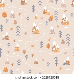 Funny cute seamless background pattern with mountains and humps with spruce. Creative children's texture. For printing children's textiles, fabrics, decor, gift wrapping.Modern cartoon style.
