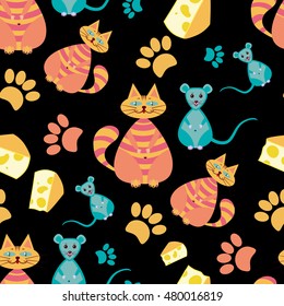 Funny cute seamless pattern with cats,mice,cheese and traces on the black background.bright Vector illustration for children.Print for fabric,textile,wrapping paper.