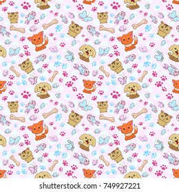 funny cute seamless pattern with different pats cat, dog and hamster baby pastel colors