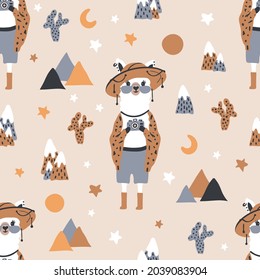 Funny cute seamless pattern with a llama in a hat against a background of mountains, cacti, and stars.Creative children's llama texture.For printing children's textiles, fabrics, decor, gift wrapping.