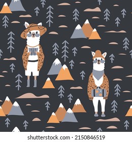 Funny cute seamless pattern with a llama in a hat against a background of mountains, cacti, and stars.Creative children's llama texture.For printing children's textiles, fabrics, decor, gift wrapping.