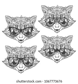 Funny and cute set of face of raccoon with different eyeglasses, vector line art illustration isolated on white background 