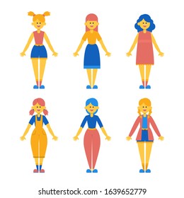 Funny and cute set of girls in different clothes vector isolated. Child in flat style. Person in casual clothes.