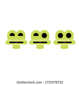 funny and cute set of green froggy characters with black eyes, solated on white background