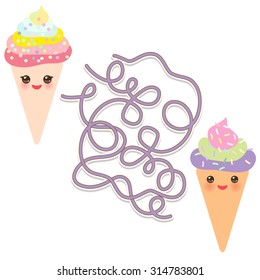 Funny cute set  Ice cream waffle cone on white background. labyrinth game for Preschool Children. Vector