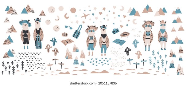 Funny cute set seamless pattern with a llama in a hat against a background of mountains, cacti, and stars. For printing children's textiles, fabrics, decor, gift wrapping .